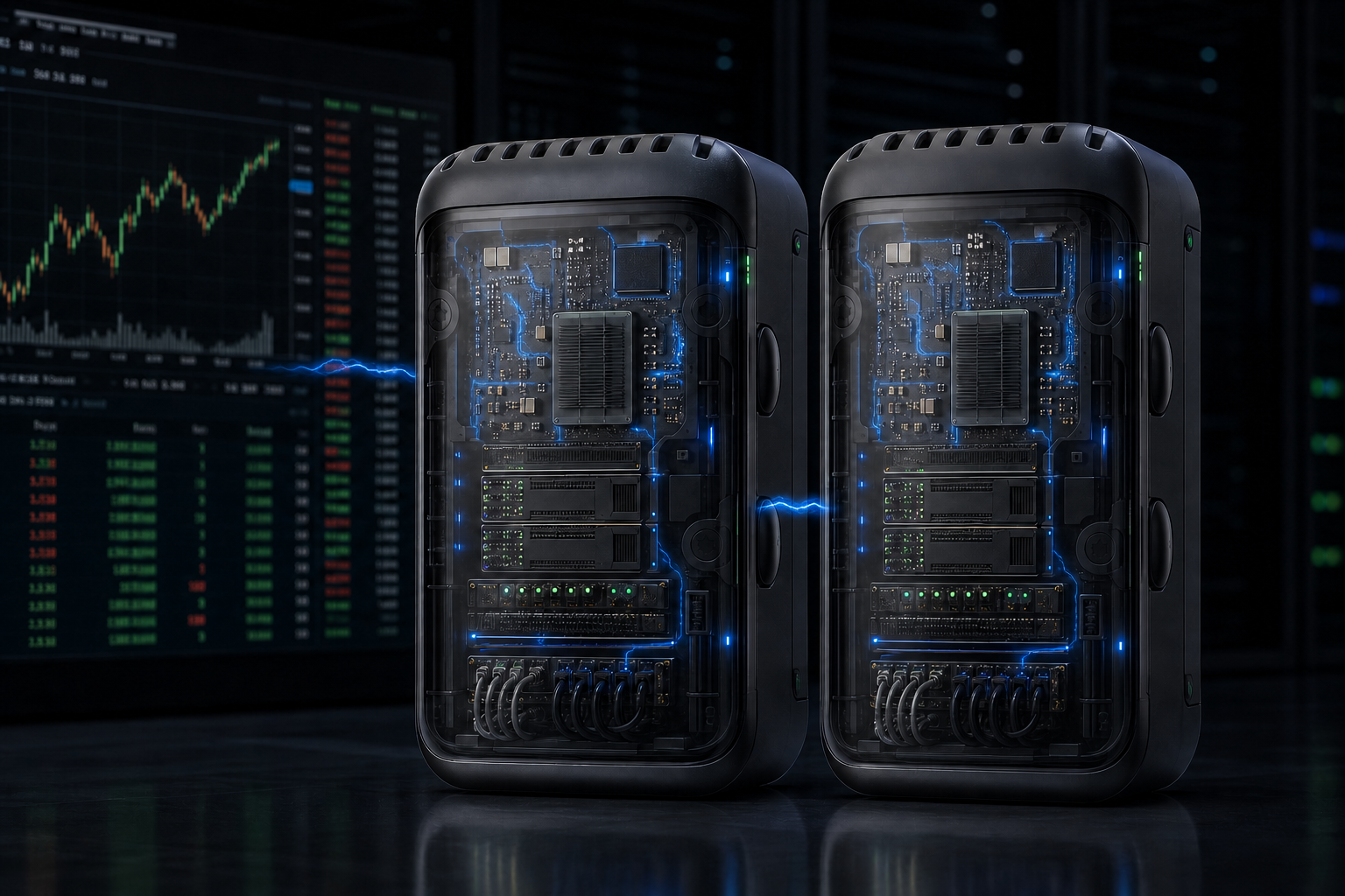 Two transparent-front data center servers linked by subtle blue energy to a financial trading display