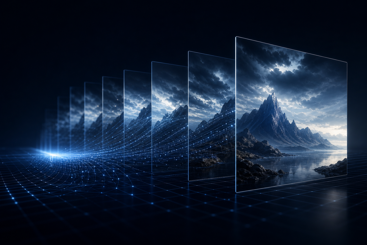 AI-generated image frames emerging from a computational field